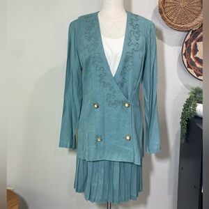 Vintage 90s Double-Breasted Teal Blazer Pleated Skirt Set Gold Buttons Size 9-10